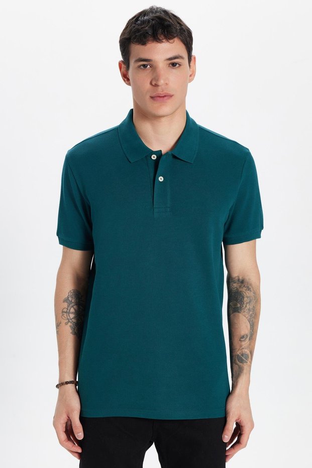 Men's Slim Fit Slim Fit 100% Cotton Green Polo Neck T-Shirt