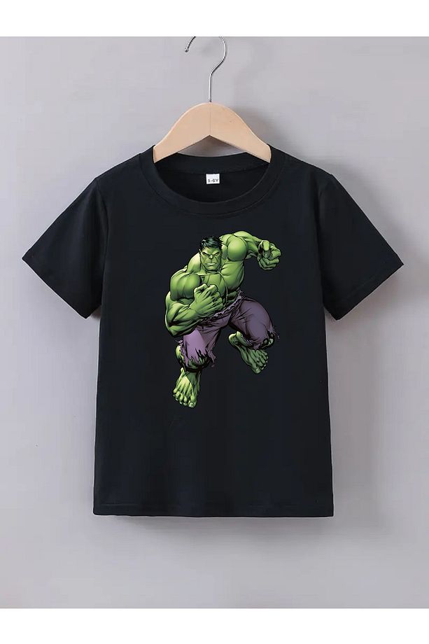 Kaliteli Pamuk Penye Unisex ERkek Kız  Çocuk Baskılı Tshirt 5 6 7 8 9 10 11 12 13 14 yaş Hulk - 1