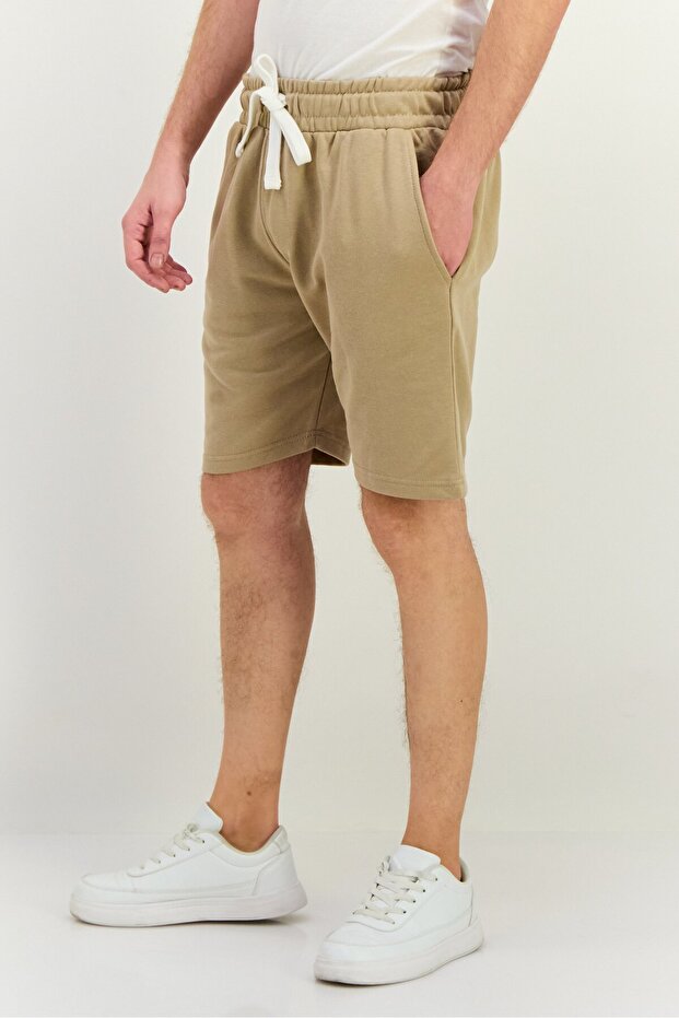 Men Regular Fit Drawstring Solid Shorts, Tan - 2
