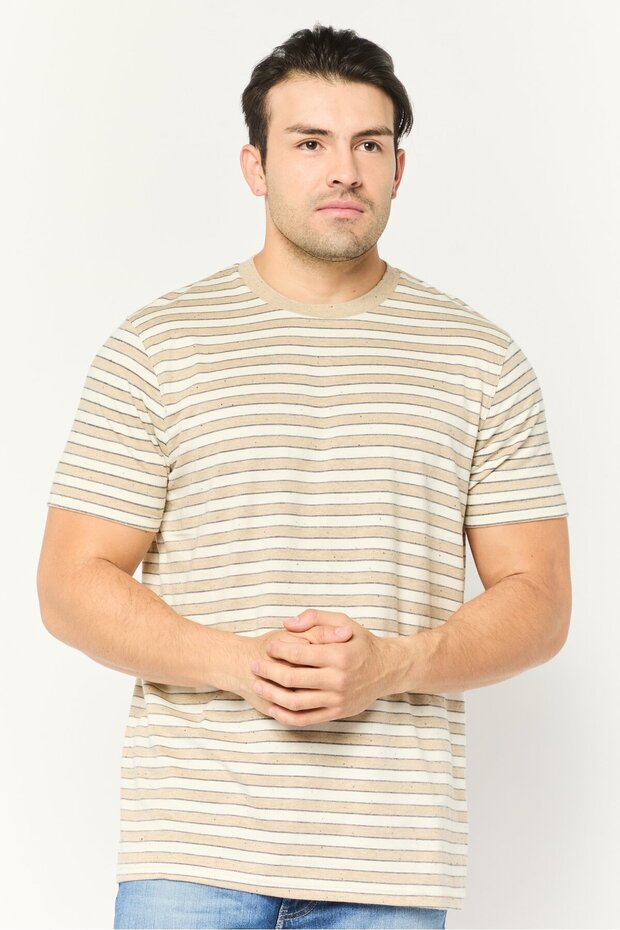 Men Crew Neck Short Sleeve Stripe T-Shirt, Beige