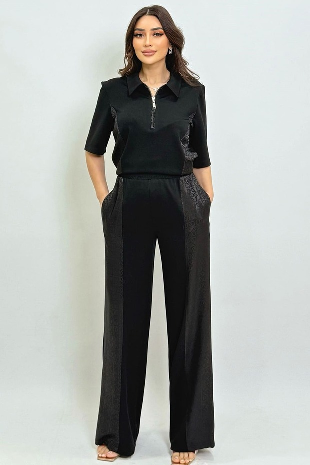 Jakar desenli geniş paça örme pantolon - 1