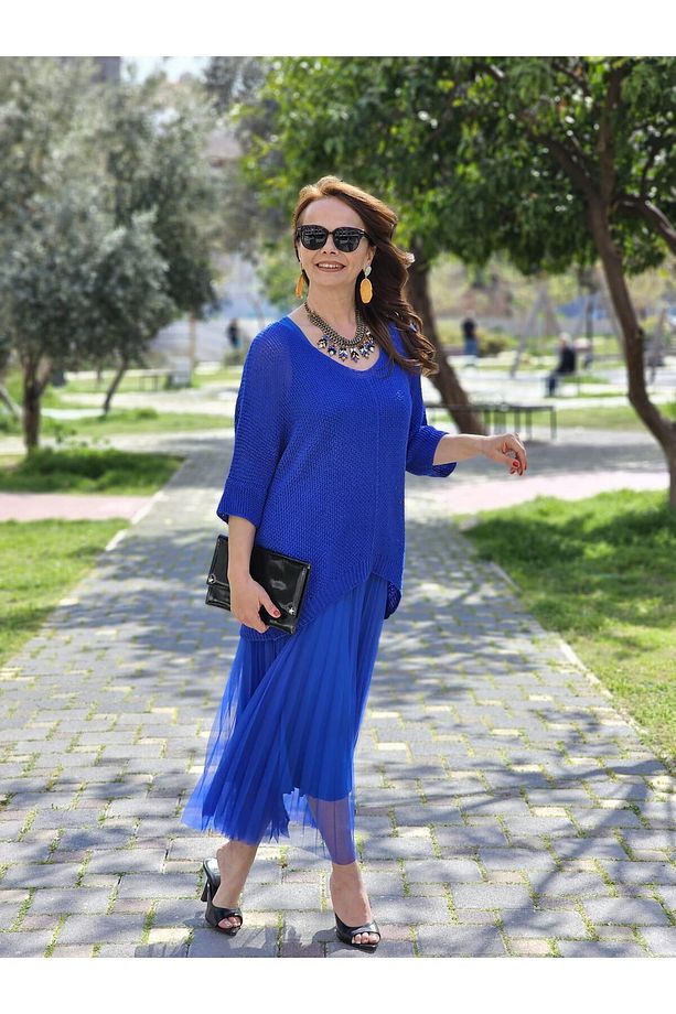 FELİX13441 Altı Pilise Tül Detaylı Üstü Triko İthal Saks İkli Elbise - 7