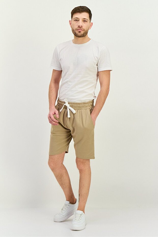 Men Regular Fit Drawstring Solid Shorts, Tan - 4