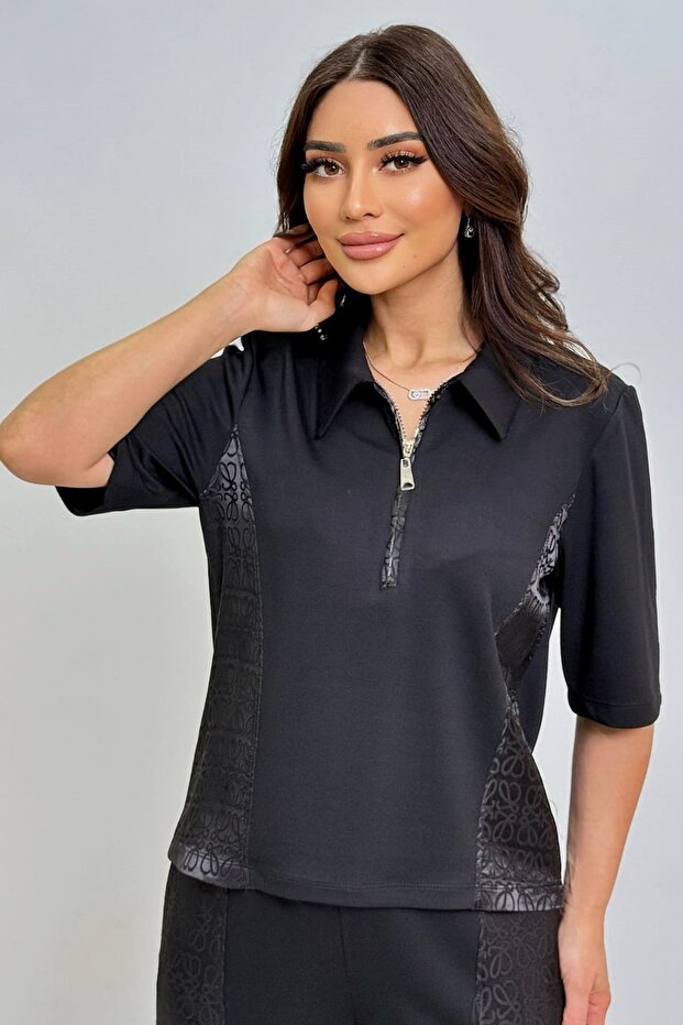 Jakar desenli yakalı örme bluz - 5