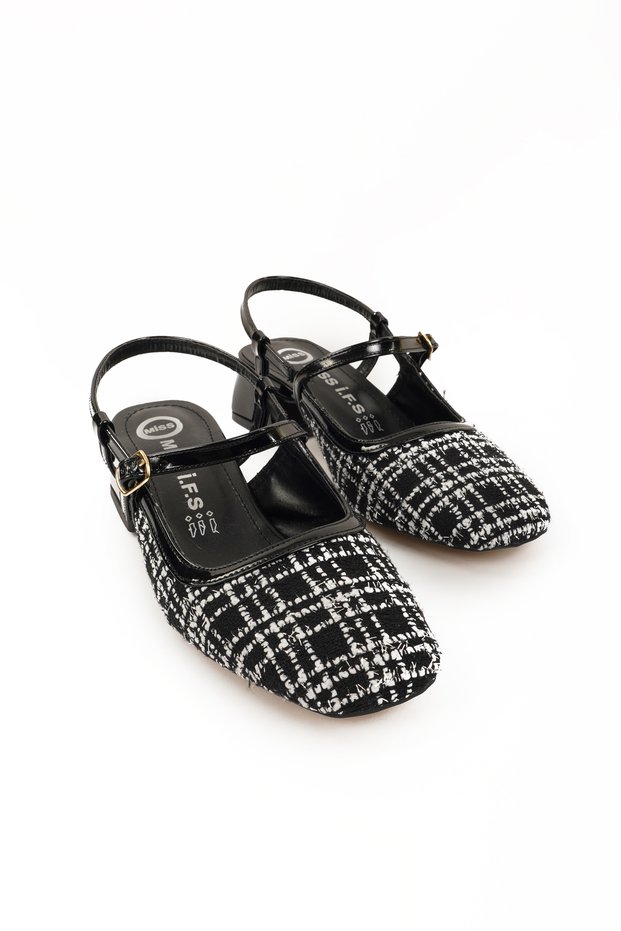 Women's Black and White Patterned Fabric Back Open Summer Low Heel Shoes