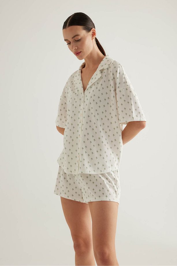 Kadın Pamuklu Kısa Kollu Gömlek Pijama Üstü - 2