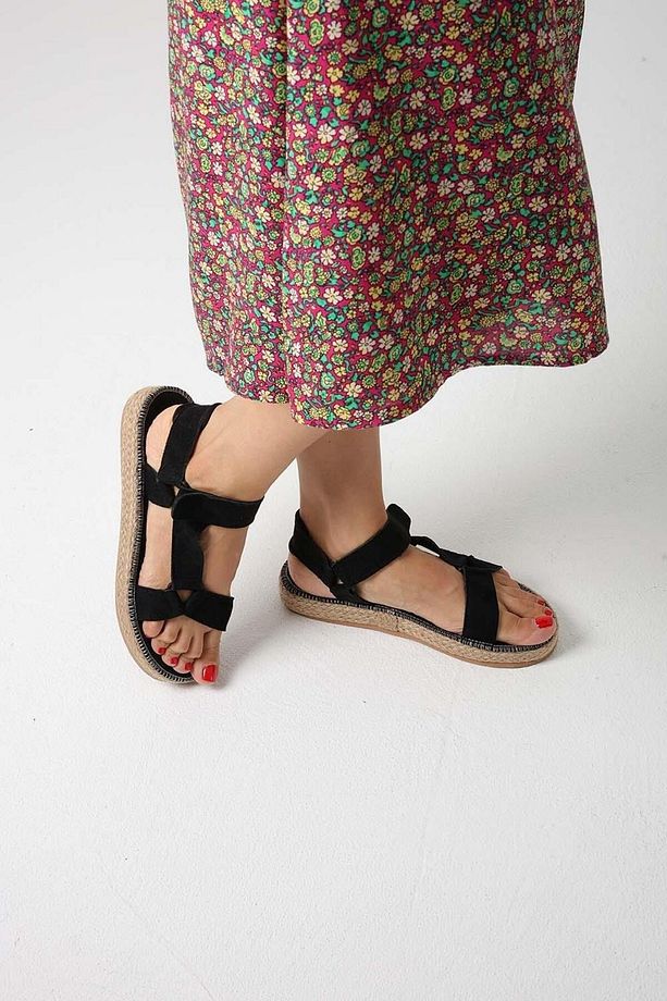 Kadın Siyah Masiv Hasır Şeritli Süet Sandalet 3cm BYNDMAS01 - 5