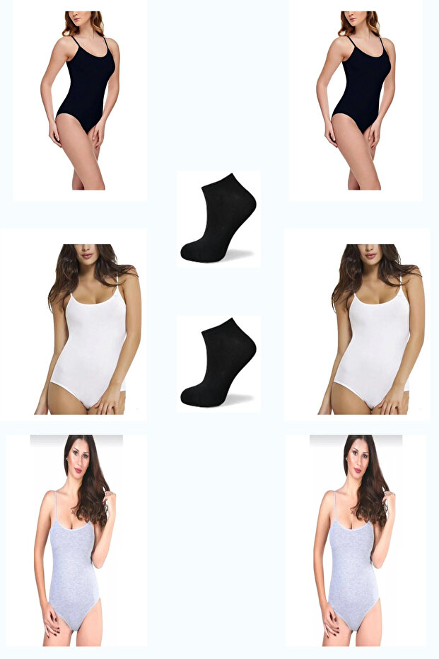 6 Pack Cotton Bodysuit with Rope Straps, Mixed Colors, 2 Pairs of Bamboo Socks as a Gift
