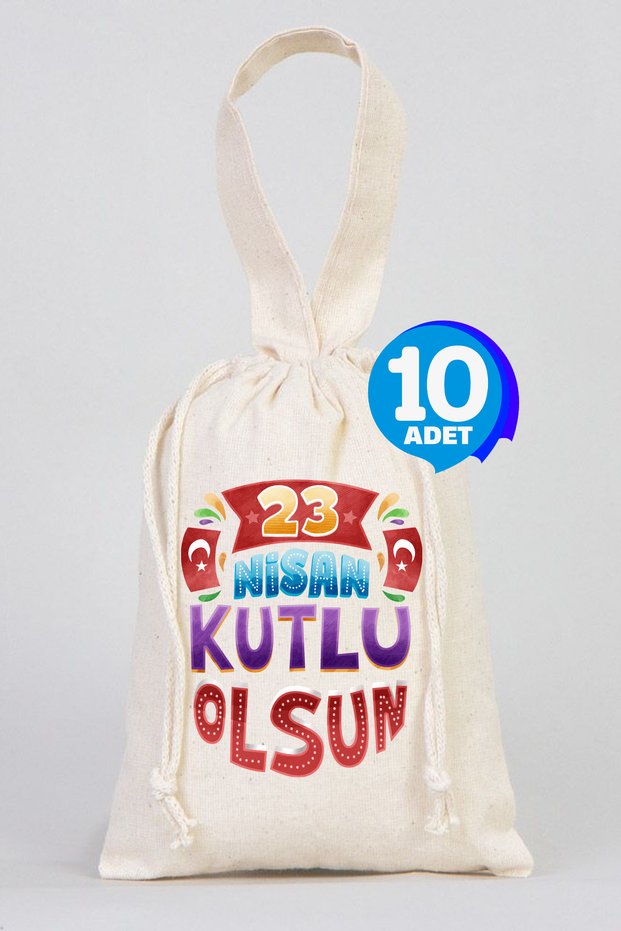 Happy April 23Rd Themed Cloth Pouch Handbag - 10 Pieces - 15X20Cm Sizes - Children's Day