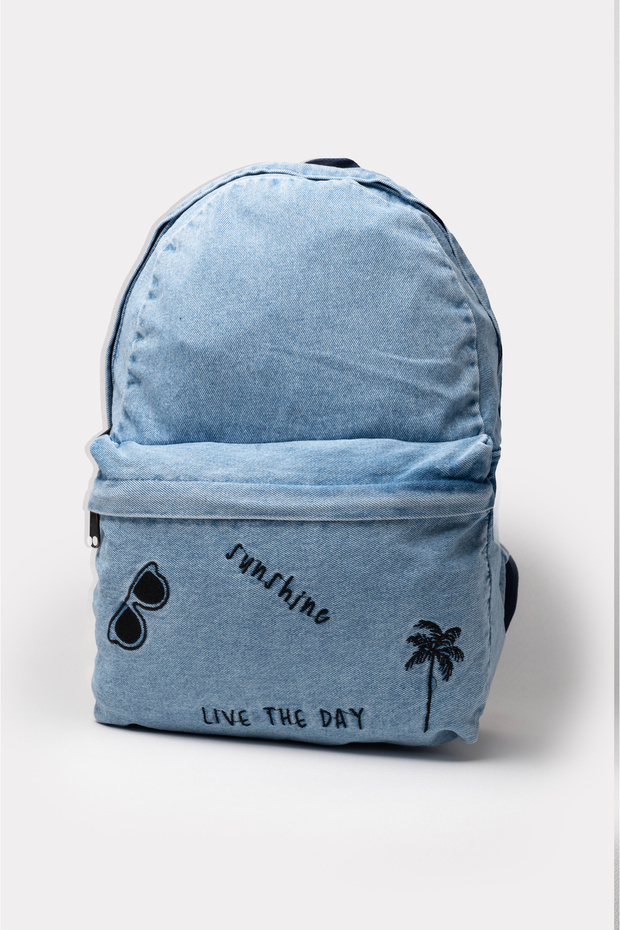 Icone Front Pocket Embroidered Denim Washed Backpack, Denim Backpack