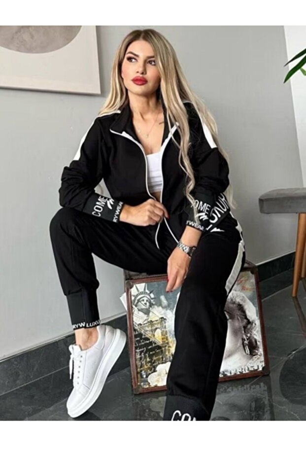 Women's Zip-Up Bottom-Top Tracksuit Set Embroidered 2-Ply Lycra