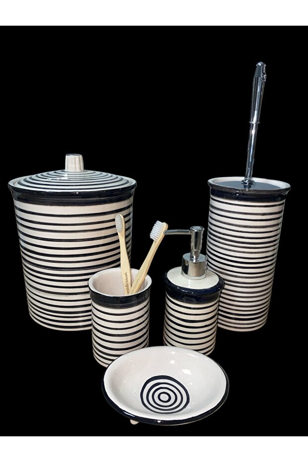 Red Ceramic Dara Colection 5 Piece Bathroom Set Black Line Pattern