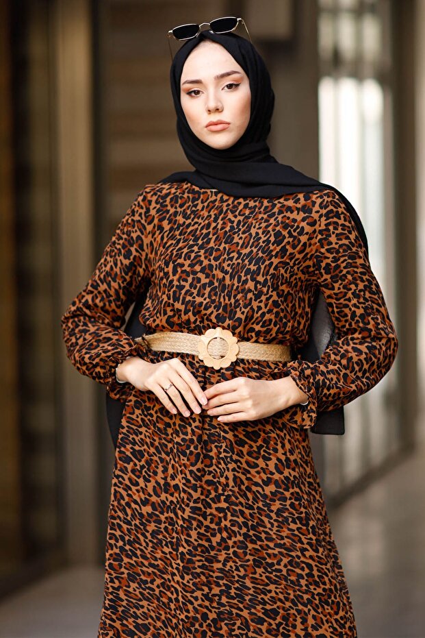 Leopard Patterned Chiffon Dress - Brown - 2
