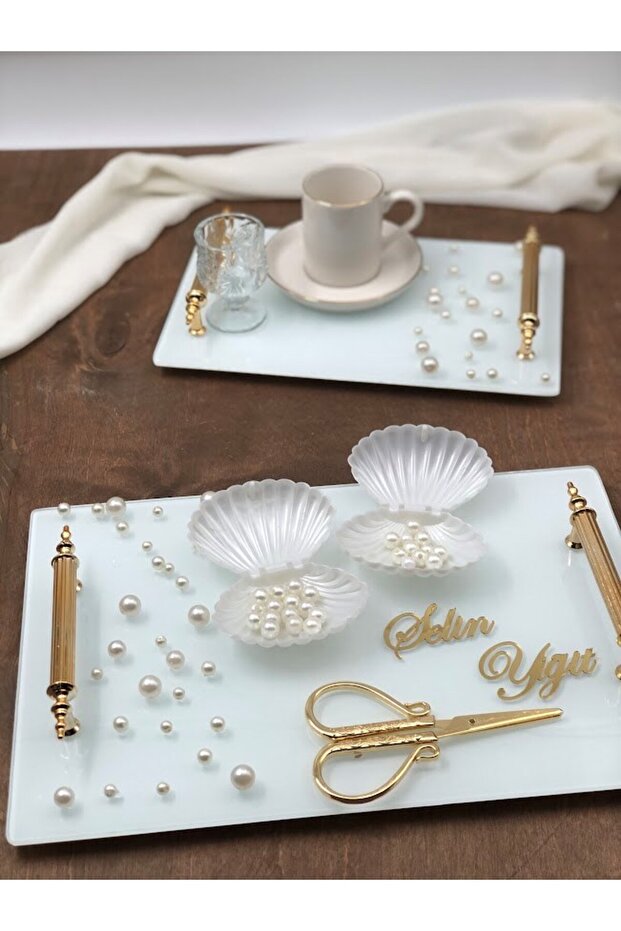 İncili Söz Tepsisi Nişan Tepsisi Yüzük Tepsisi Kız Isteme Tepsisi İnci Süslü Tepsi - 3