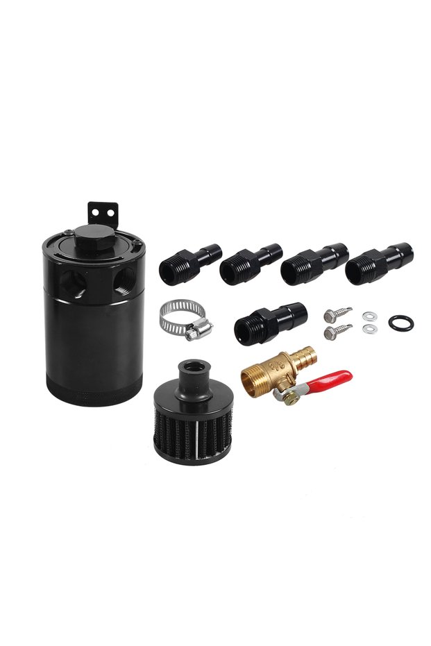Black Universal Racing Baffled Aluminum Oil Catch Can Tank 2-Port Reservoir with Drain Valve Breath