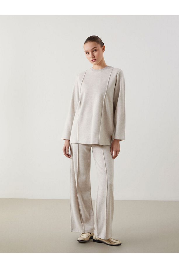 LCW Modest Bej Beli Lastikli Geniş Paça Kadın Pantolon - 1