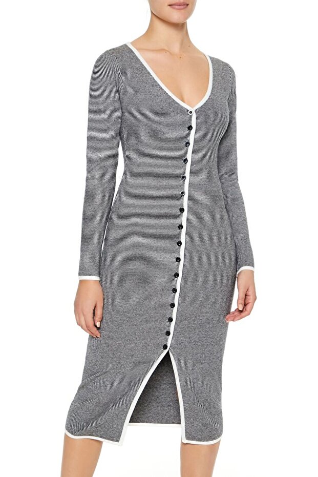 Çizgili Triko Midi Elbise - 1