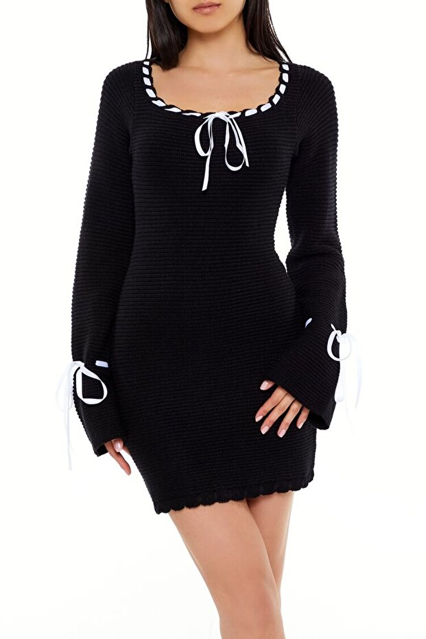 İp Detaylı Triko Mini Elbise - 1