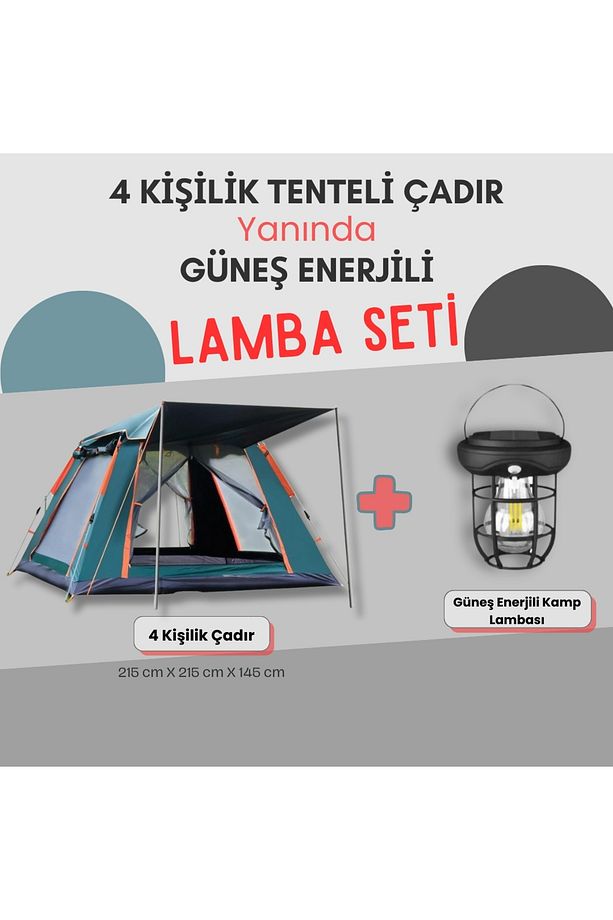 4 Kişilik Tam Otomatik Tenteli Kamp Çadırı + Lamba (Kamp Seti) - 1