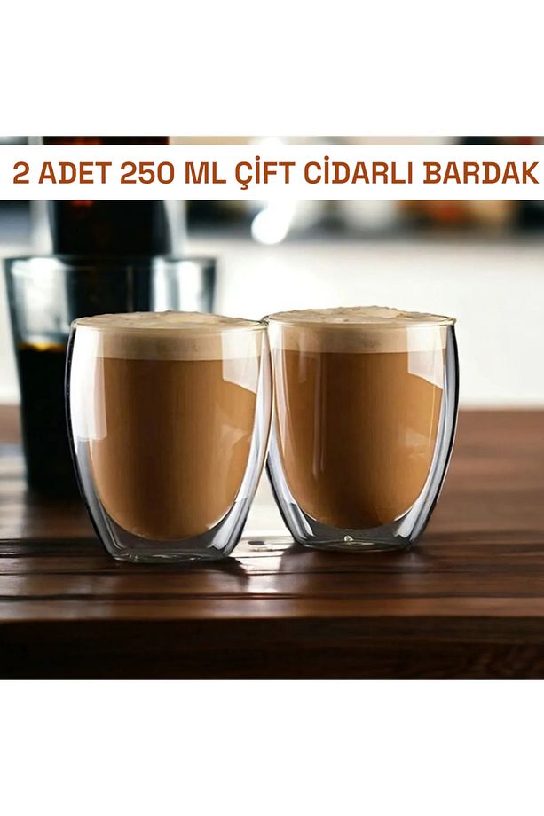 2 Li Çift Cidarlı Bardak Seti Kahve Sunum Bardağı Latte Espresso Cam Bardak 250 ml - 5