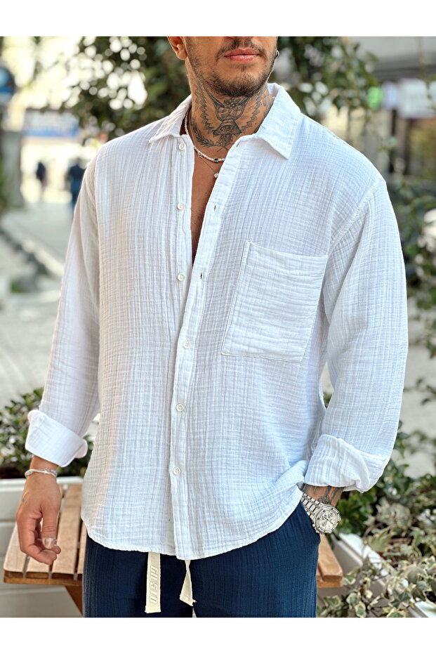 Tek Cepli Oversize Müslin Gömlek - 3