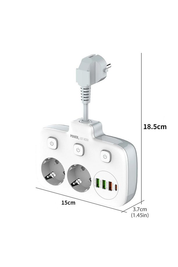 USB'li 3'lü Priz | 20W Hızlı Şarj | 1 Type-C + 3 USB | PD & QC 3.0 | Çoklu Priz & Uzatma Kablosu - 6