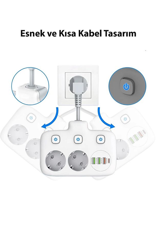 USB'li 3'lü Priz | 20W Hızlı Şarj | 1 Type-C + 3 USB | PD & QC 3.0 | Çoklu Priz & Uzatma Kablosu - 3