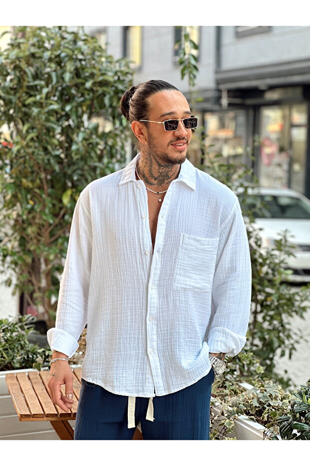 Tek Cepli Oversize Müslin Gömlek - 2