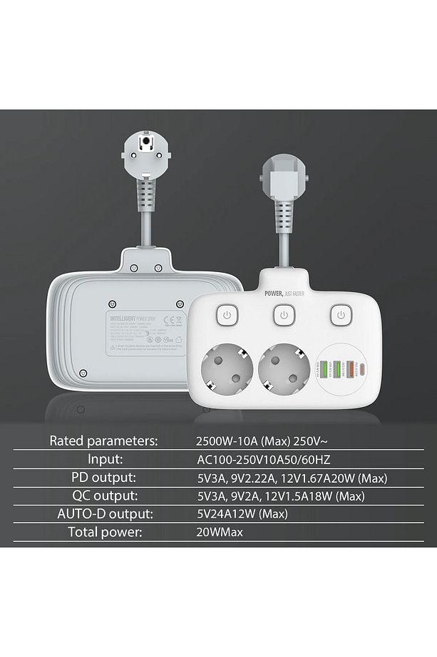 USB'li 3'lü Priz | 20W Hızlı Şarj | 1 Type-C + 3 USB | PD & QC 3.0 | Çoklu Priz & Uzatma Kablosu - 5