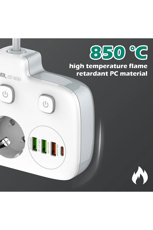 USB'li 3'lü Priz | 20W Hızlı Şarj | 1 Type-C + 3 USB | PD & QC 3.0 | Çoklu Priz & Uzatma Kablosu - 4