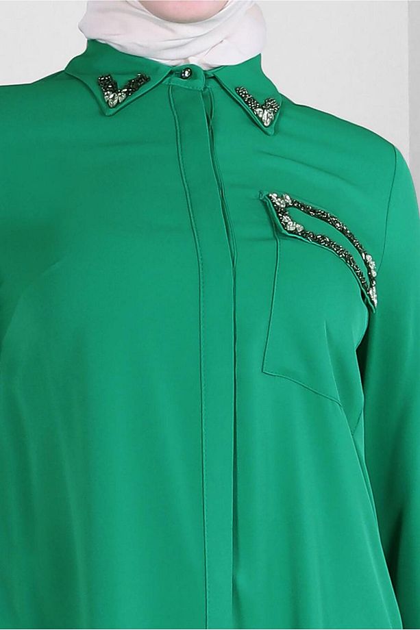 TAŞ BASKILI GİZLİ DÜĞMELİ UZUN TUNİK 43548 - 4