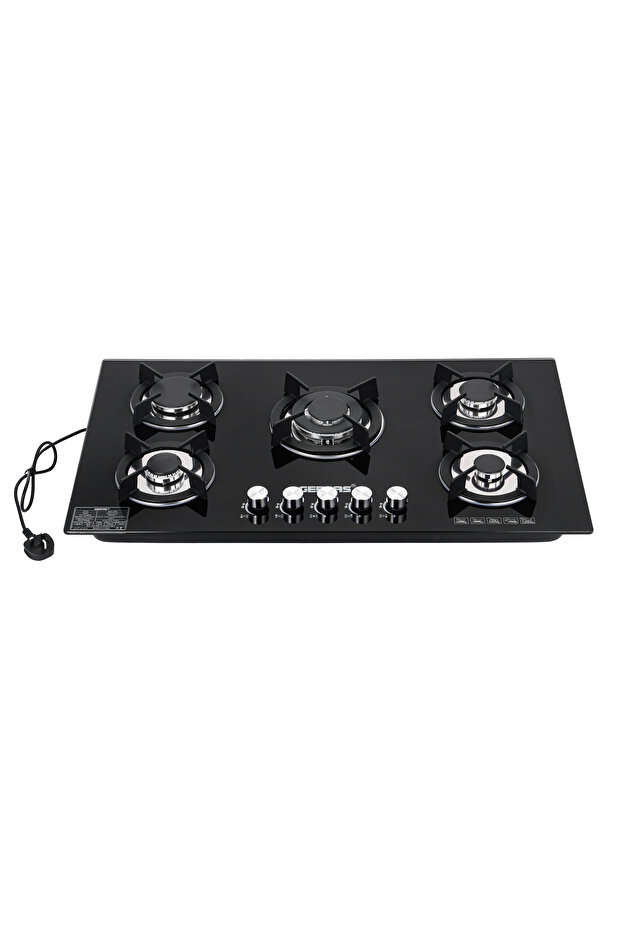 5 Burner Glass Stove, Cast Iron Pan Support, Auto Ignition, Metal Knob|8 MM Thickness Glass|GGC31011