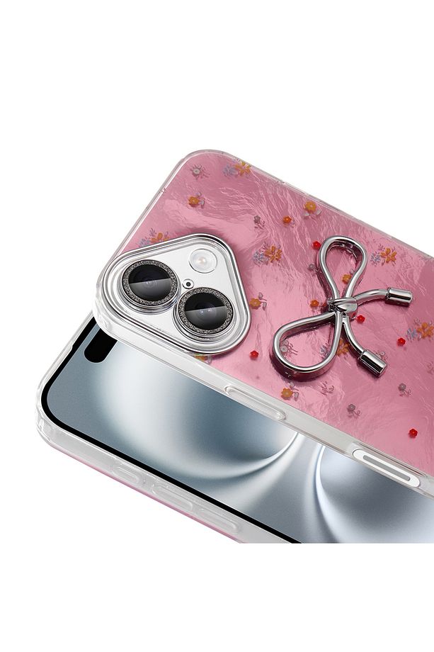 iPhone 16 Kılıf Kalpli Fiyonk 3d Desenli Kabartmalı Simli inci Tasarımlı Taşlı işlemeli Kap - 2