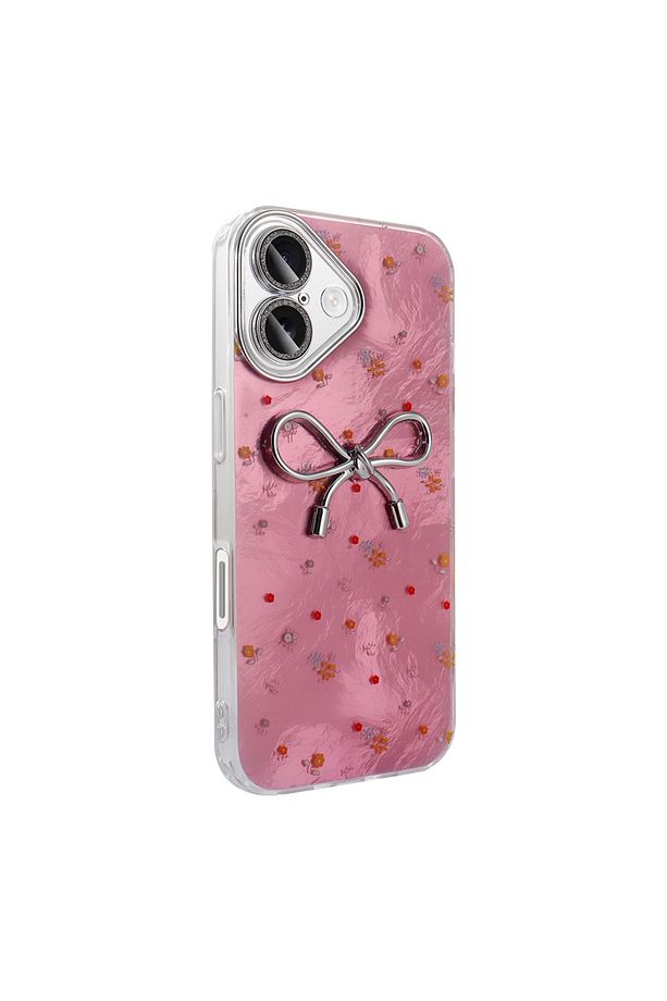 iPhone 16 Kılıf Kalpli Fiyonk 3d Desenli Kabartmalı Simli inci Tasarımlı Taşlı işlemeli Kap - 3