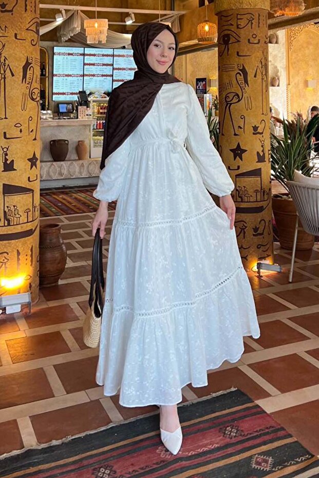Embossed Patterned Hijab Dress White 1002-1