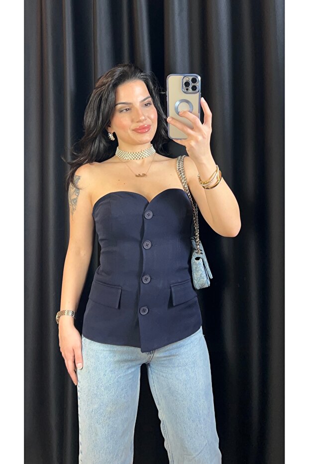 Dark Blue Strapless Buttoned Bluz - 2