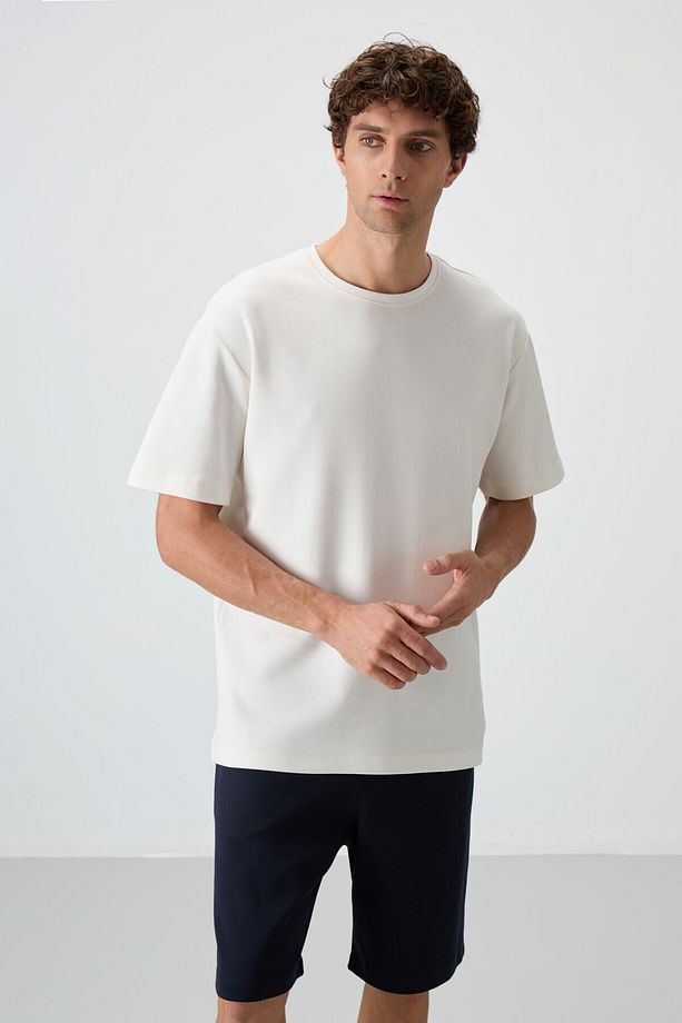 Ekru - Lacivert Pamuklu Kalın Yumuşak Dokulu Oversize Fit Basic Erkek Şort Takım - 85249 - 5