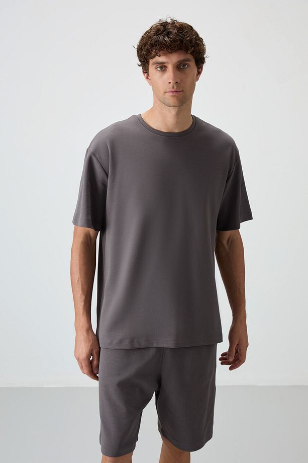 Koyu Gri Pamuklu Kalın Yumuşak Dokulu Oversize Fit Basic Erkek Şort Takım - 85249 - 6
