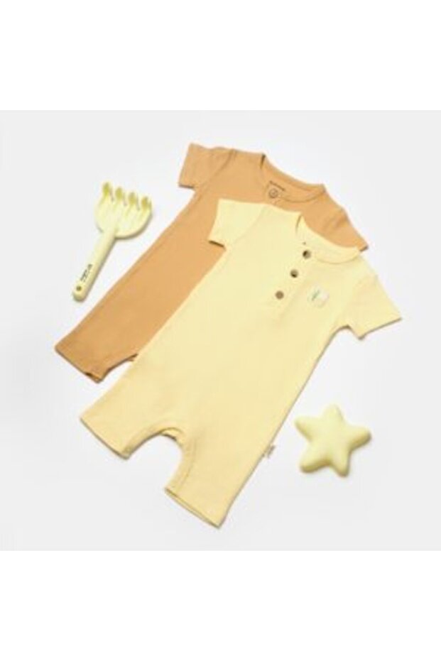 2 Pcs Short Sleeve Jumpsuit 9037 Yellow-Brown