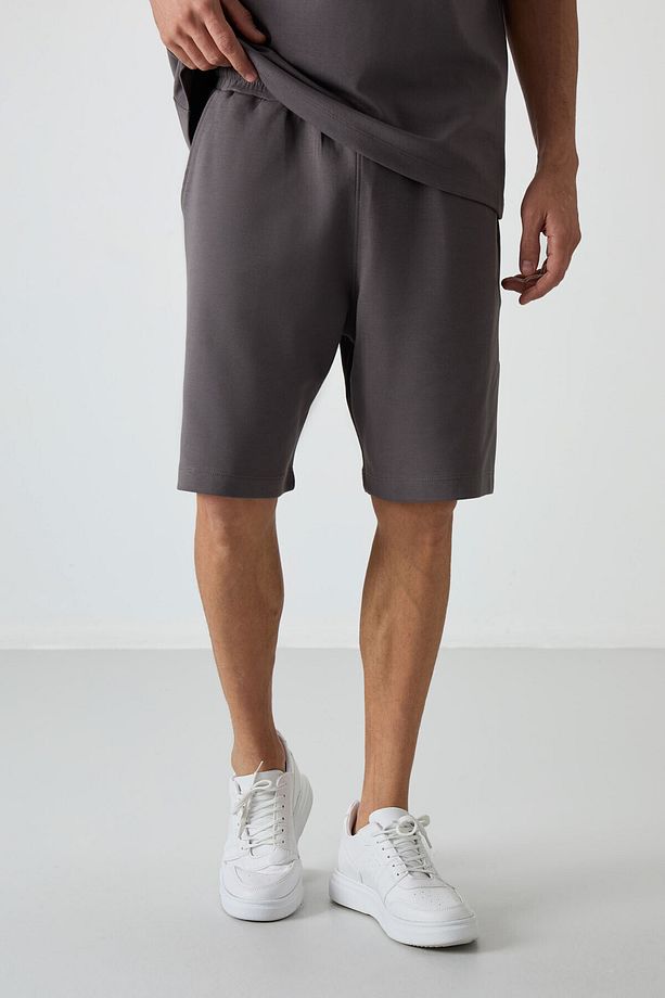 Koyu Gri Pamuklu Kalın Yumuşak Dokulu Oversize Fit Basic Erkek Şort Takım - 85249 - 4