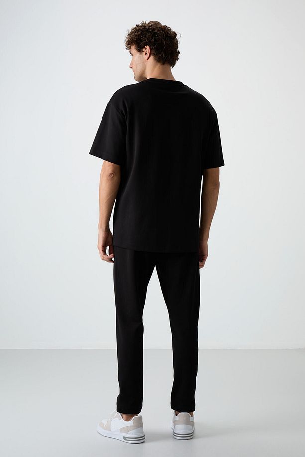 Siyah Pamuklu Kalın Yumuşak Dokulu Oversize Fit Basic Erkek Eşofman Takım - 85251 - 8