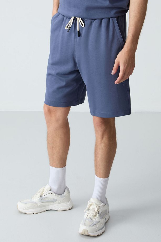 Petrol Pamuklu Kalın Yumuşak Dokulu Oversize Fit Basic Erkek Şort Takım - 85257 - 7