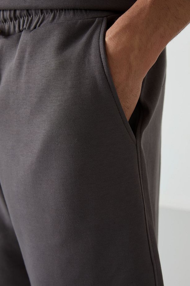 Koyu Gri Pamuklu Kalın Yumuşak Dokulu Oversize Fit Basic Erkek Şort Takım - 85249 - 8