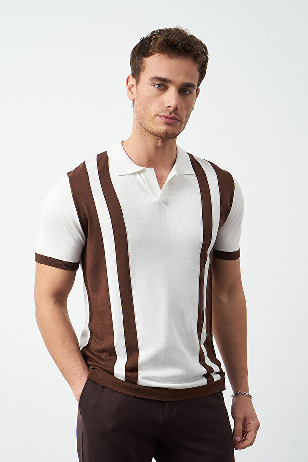 Striped Oversize Polo Neck Knitwear Men's T-Shirt