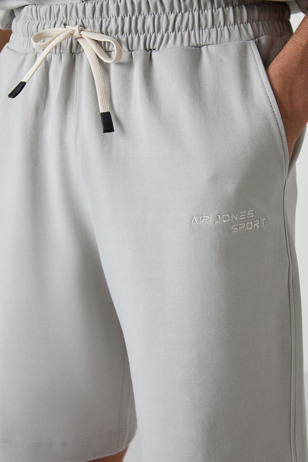 Taş Pamuklu Kalın Yumuşak Dokulu Oversize Fit Nakışlı Erkek Şort Takım - 85250 - 3