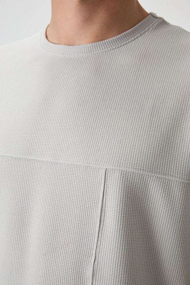 Taş Waffle İnterlok Yüzeyi Dokulu Oversize Fit Basic Erkek T-Shirt - 88380 - 4