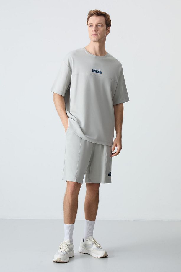 Taş Pamuklu Kalın Yumuşak Dokulu Oversize Fit Basic Erkek Şort Takım - 85259 - 7