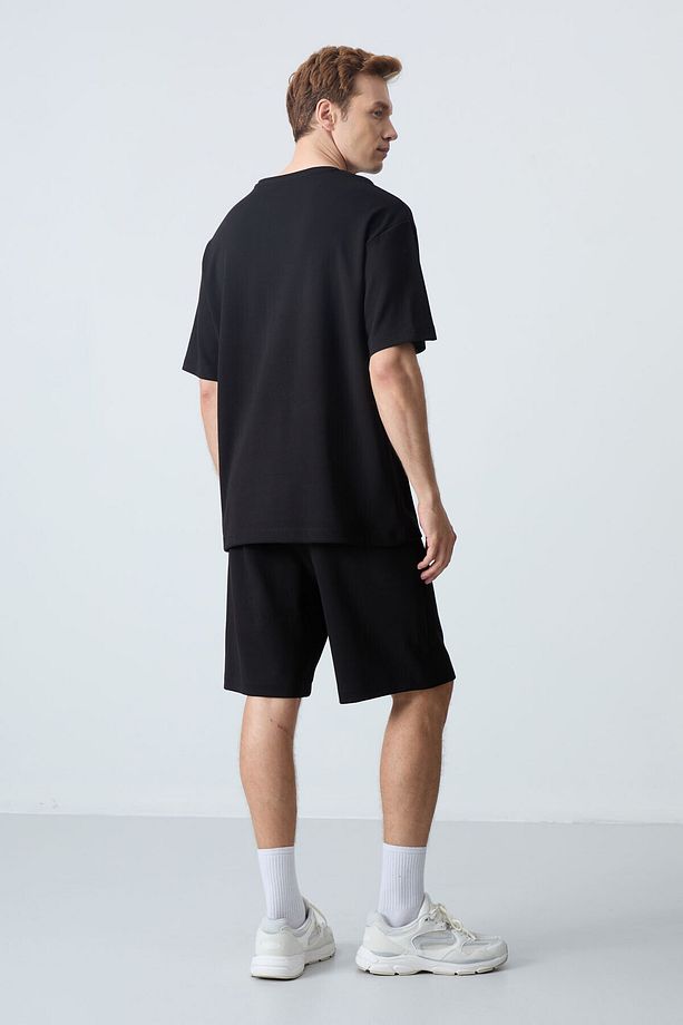 Siyah Pamuklu Kalın Yumuşak Dokulu Oversize Fit Basic Erkek Şort Takım - 85259 - 9