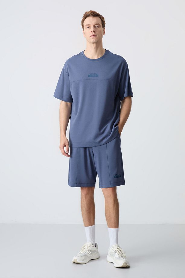 Petrol Pamuklu Kalın Yumuşak Dokulu Oversize Fit Basic Erkek Şort Takım - 85259 - 8