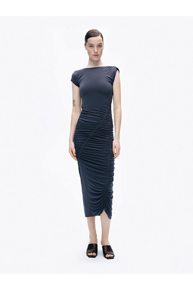 Drapeli Büzgülü Maxi Elbise - 1